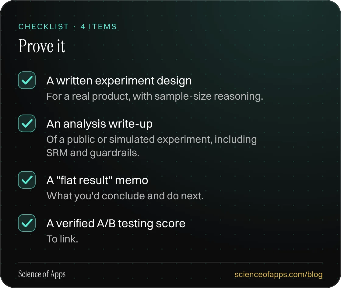 Checklist: Prove it — A written experiment design; An analysis write-up; A "flat result" memo; A verified A/B testing score.
