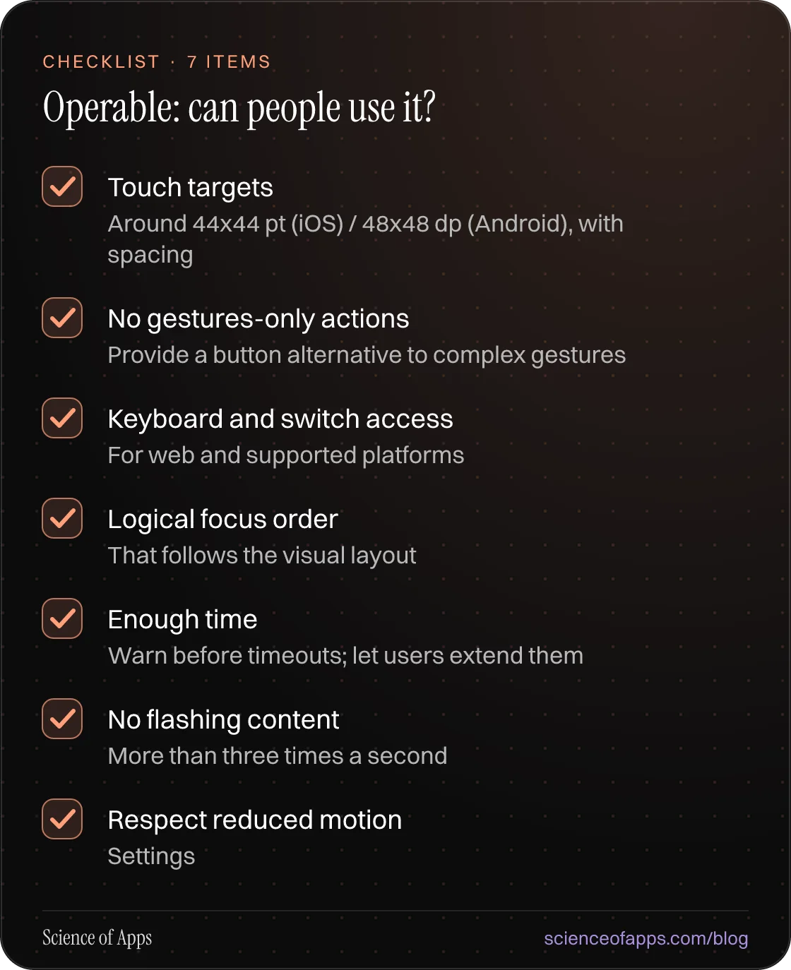 Checklist: Operable: can people use it? — Touch targets; No gestures-only actions; Keyboard and switch access; Logical focus order; Enough time; No flashing content; Respect reduced motion.