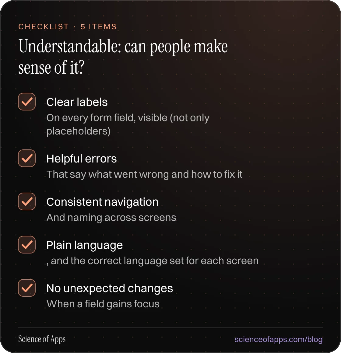 Checklist: Understandable: can people make sense of it? — Clear labels; Helpful errors; Consistent navigation; Plain language; No unexpected changes.