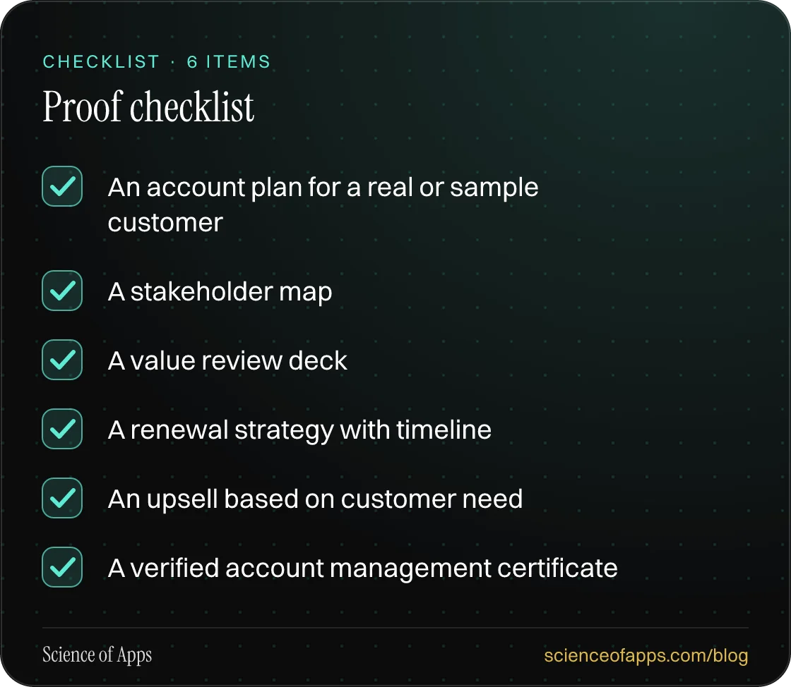 Checklist: Proof checklist — An account plan for a real or sample customer; A stakeholder map; A value review deck; A renewal strategy with timeline; An upsell based on customer need; A verified account management certificate.