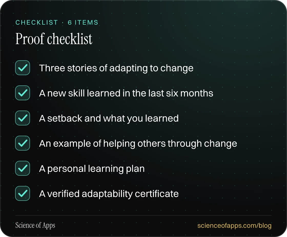 Checklist: Proof checklist — Three stories of adapting to change; A new skill learned in the last six months; A setback and what you learned; An example of helping others through change; A personal learning plan; A verified adaptability certificate.