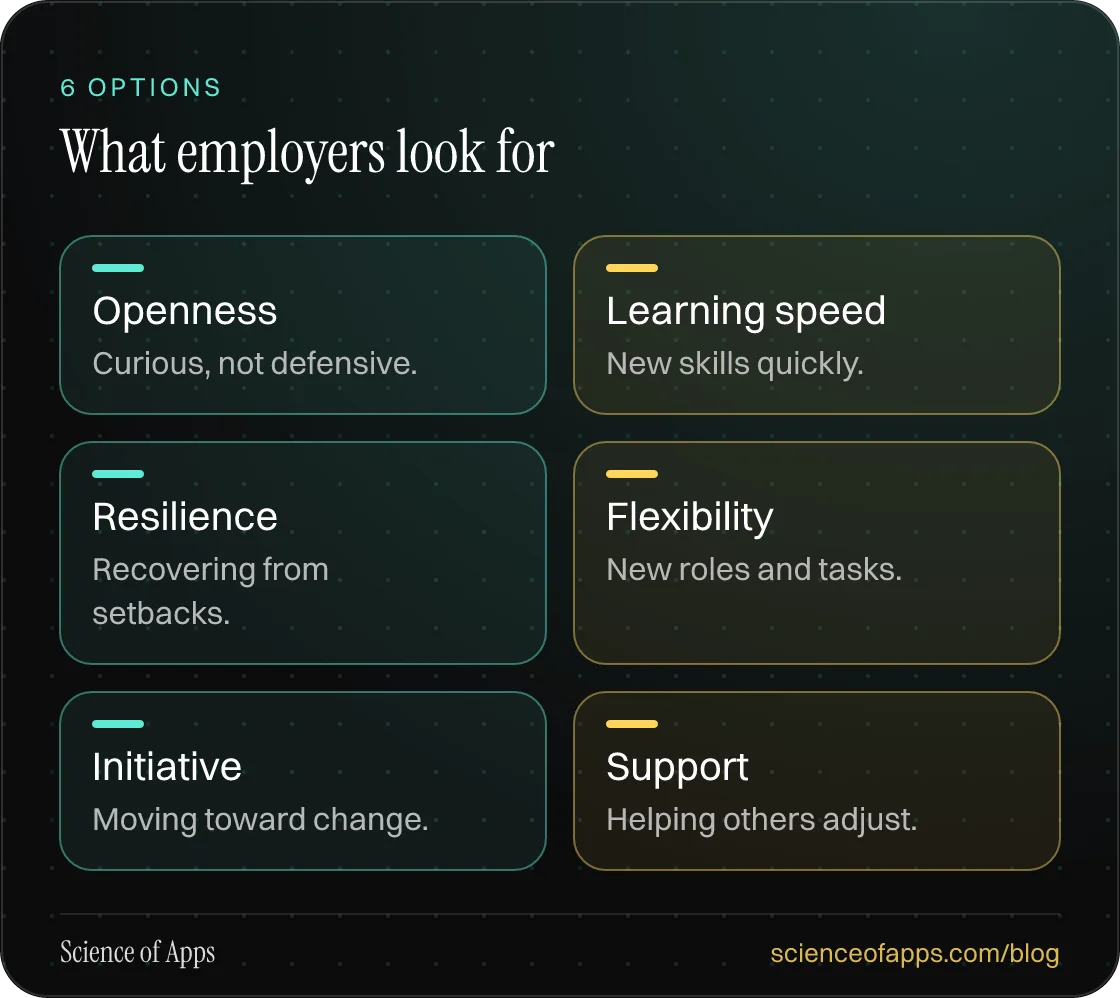 What employers look for: Openness; Learning speed; Resilience; Flexibility; Initiative; Support.