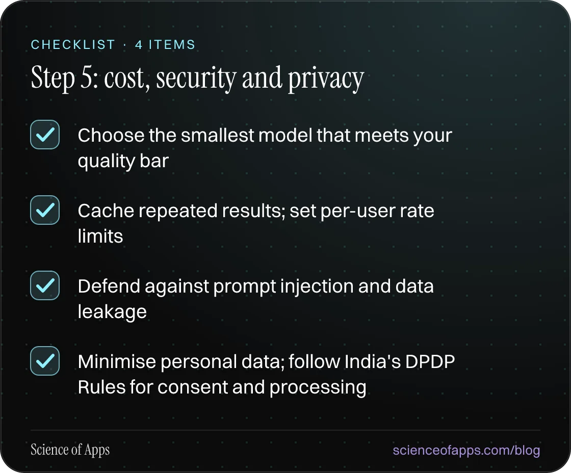 Checklist: Step 5: cost, security and privacy — Choose the smallest model that meets your quality bar; Cache repeated results; set per-user rate limits; Defend against prompt injection and data leakage; Minimise personal data; follow India's DPDP Rules for consent and processing.