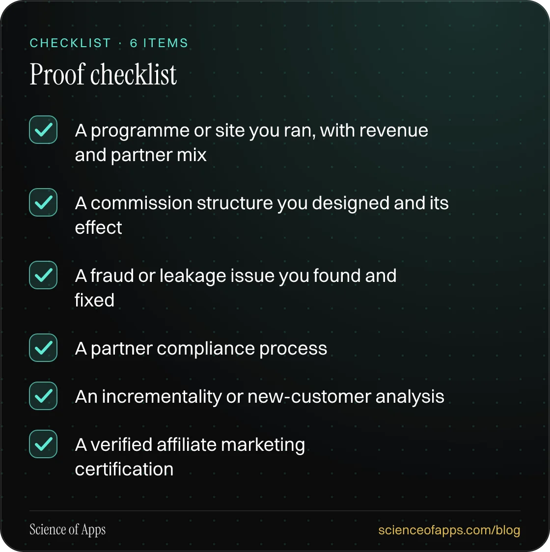 Checklist: Proof checklist — A programme or site you ran, with revenue and partner mix; A commission structure you designed and its effect; A fraud or leakage issue you found and fixed; A partner compliance process; An incrementality or new-customer analysis; A verified affiliate marketing certifica