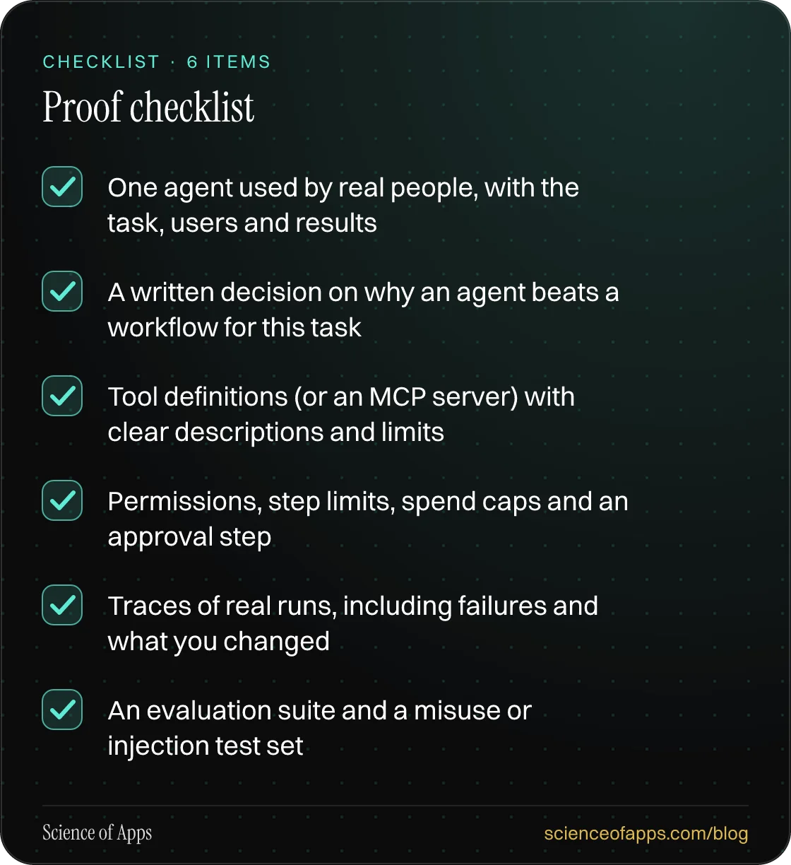Checklist: Proof checklist — One agent used by real people, with the task, users and results; A written decision on why an agent beats a workflow for this task; Tool definitions (or an MCP server) with clear descriptions and limits; Permissions, step limits, spend caps and an approval step; Traces o