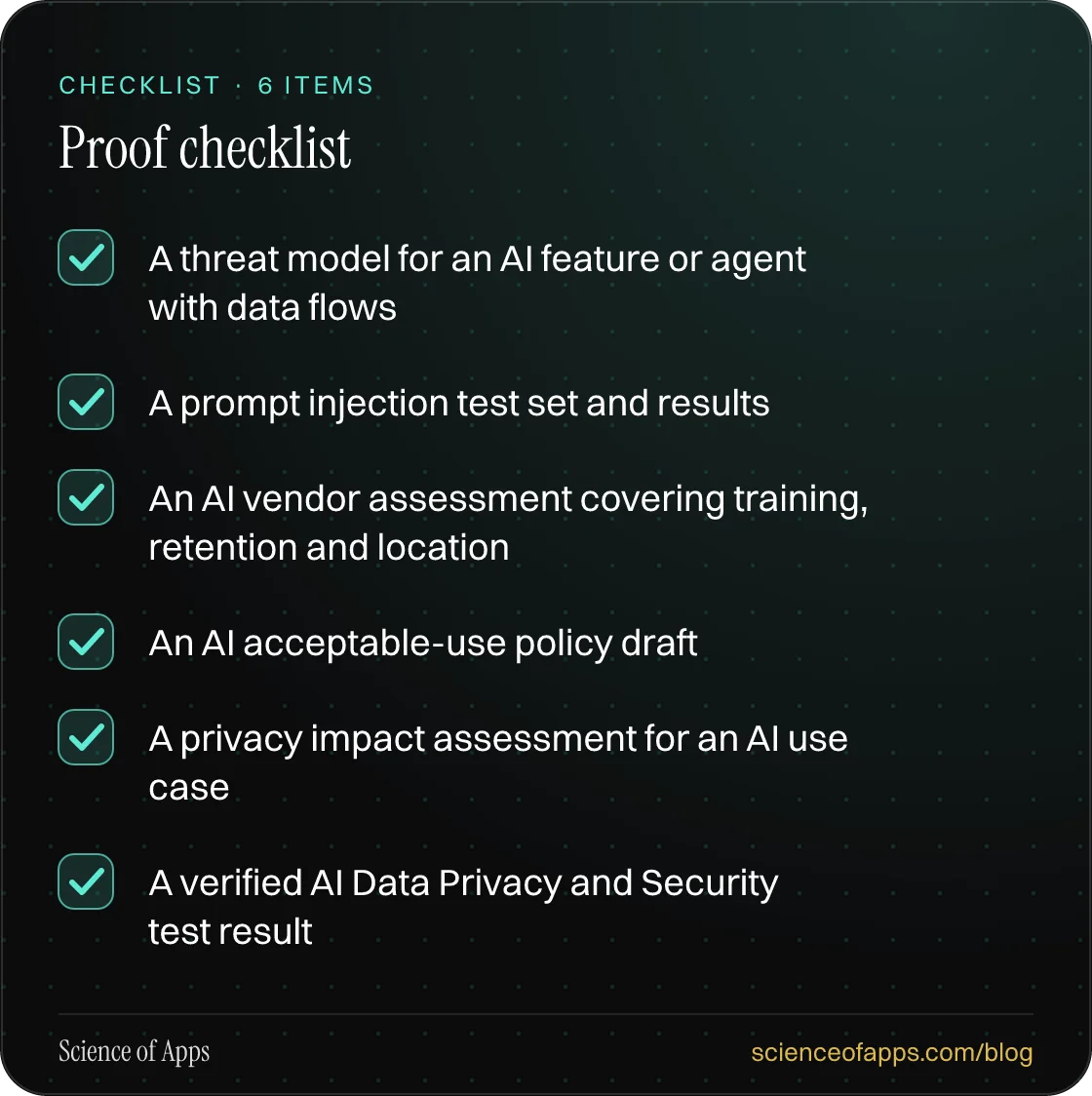 Checklist: Proof checklist — A threat model for an AI feature or agent with data flows; A prompt injection test set and results; An AI vendor assessment covering training, retention and location; An AI acceptable-use policy draft; A privacy impact assessment for an AI use case; A verified AI Data Pr