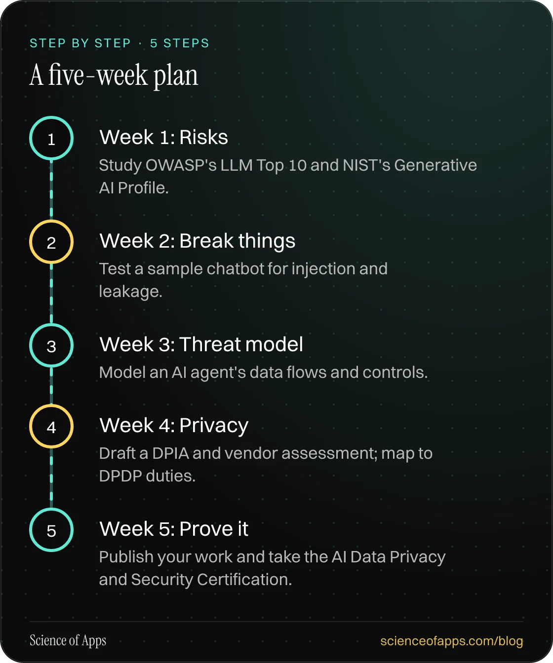 Diagram of 5 steps for a five-week plan: 1. Week 1: Risks; 2. Week 2: Break things; 3. Week 3: Threat model; 4. Week 4: Privacy; 5. Week 5: Prove it.