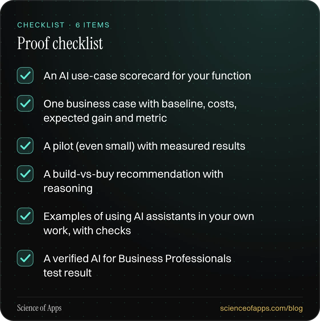 Checklist: Proof checklist — An AI use-case scorecard for your function; One business case with baseline, costs, expected gain and metric; A pilot (even small) with measured results; A build-vs-buy recommendation with reasoning; Examples of using AI assistants in your own work, with checks; A verifi