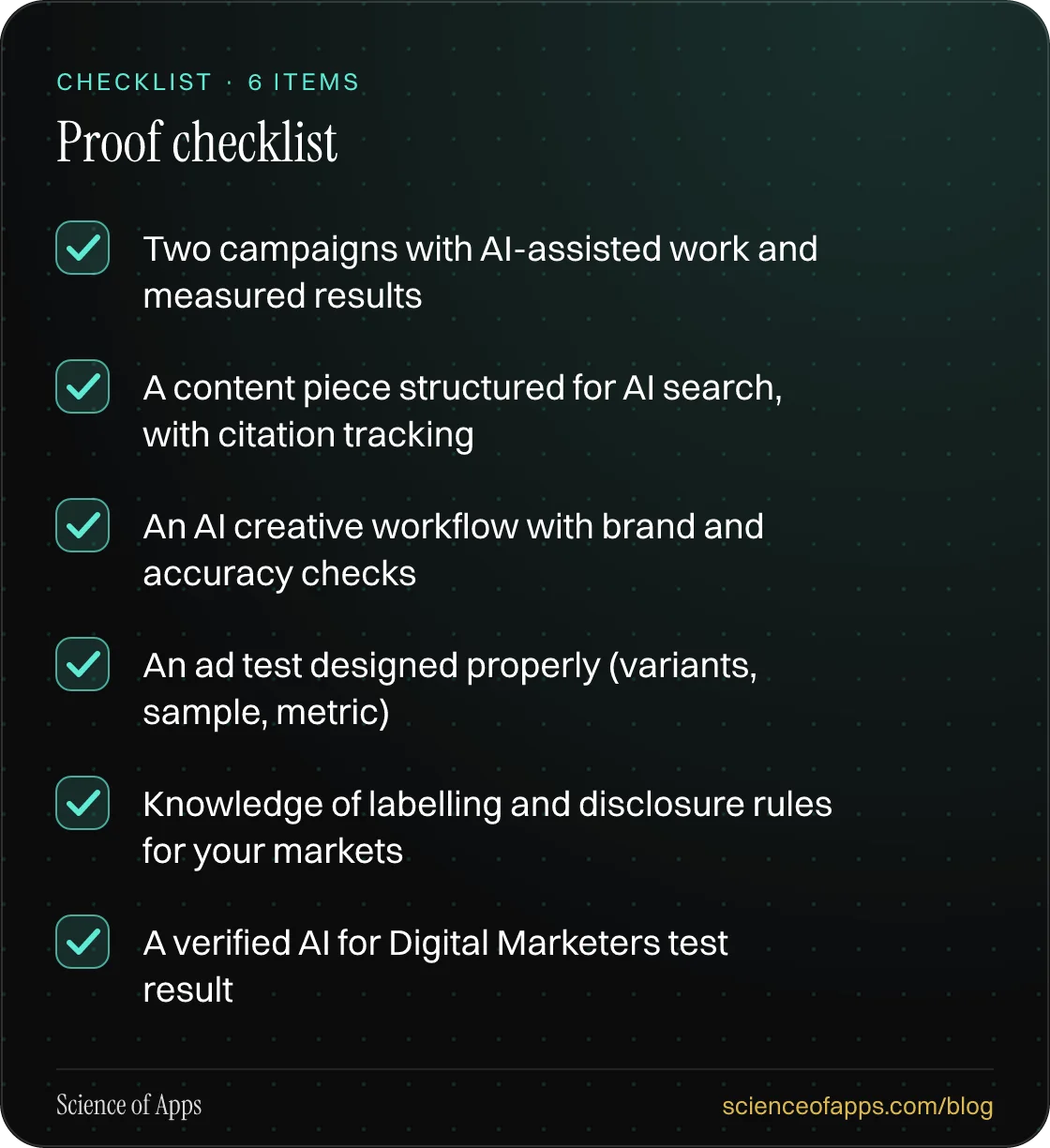 Checklist: Proof checklist — Two campaigns with AI-assisted work and measured results; A content piece structured for AI search, with citation tracking; An AI creative workflow with brand and accuracy checks; An ad test designed properly (variants, sample, metric); Knowledge of labelling and disclos