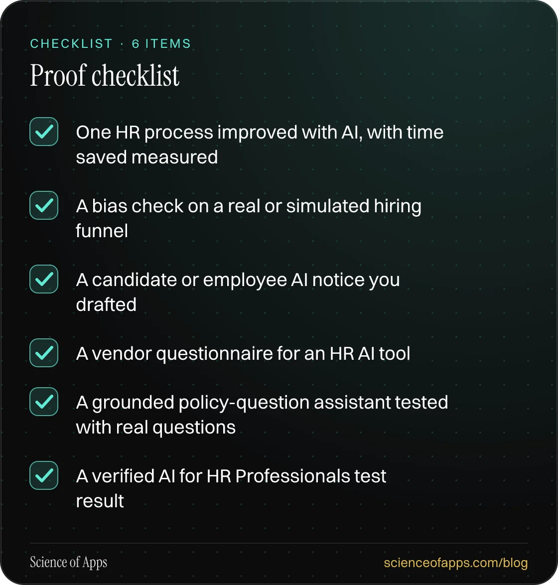 Checklist: Proof checklist — One HR process improved with AI, with time saved measured; A bias check on a real or simulated hiring funnel; A candidate or employee AI notice you drafted; A vendor questionnaire for an HR AI tool; A grounded policy-question assistant tested with real questions; A verif