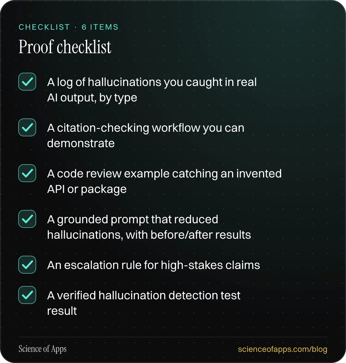 Checklist: Proof checklist — A log of hallucinations you caught in real AI output, by type; A citation-checking workflow you can demonstrate; A code review example catching an invented API or package; A grounded prompt that reduced hallucinations, with before/after results; An escalation rule for hi