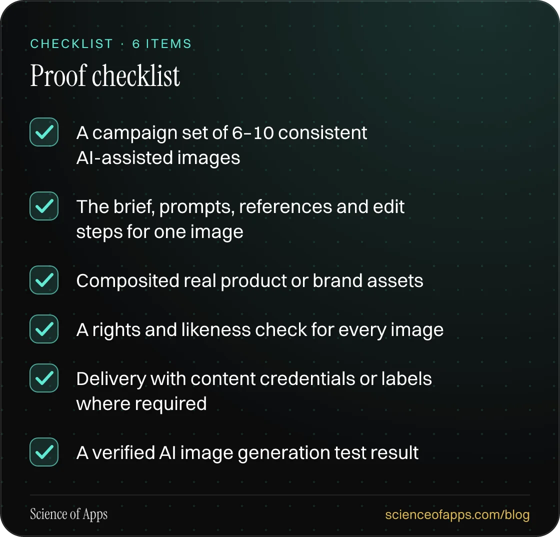 Checklist: Proof checklist — A campaign set of 6–10 consistent AI-assisted images; The brief, prompts, references and edit steps for one image; Composited real product or brand assets; A rights and likeness check for every image; Delivery with content credentials or labels where required; A verified