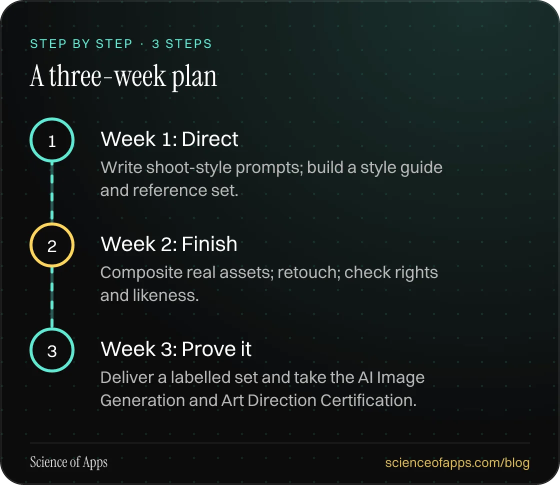 Diagram of 3 steps for a three-week plan: 1. Week 1: Direct; 2. Week 2: Finish; 3. Week 3: Prove it.
