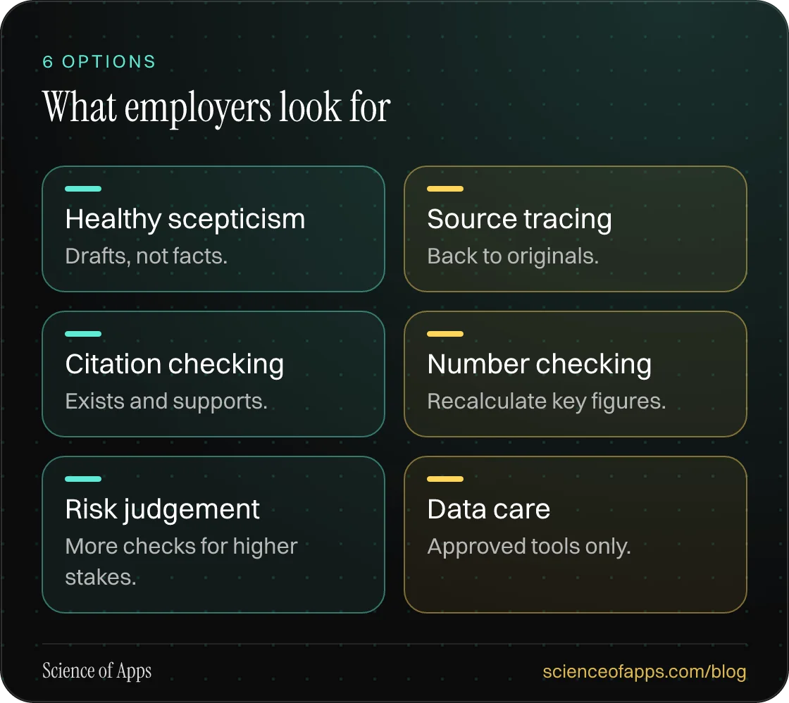 What employers look for: Healthy scepticism; Source tracing; Citation checking; Number checking; Risk judgement; Data care.