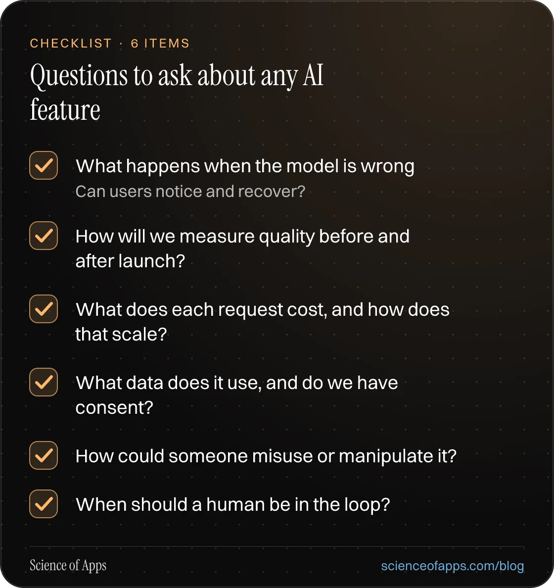 Checklist: Questions to ask about any AI feature — What happens when the model is wrong; How will we measure quality before and after launch?; What does each request cost, and how does that scale?; What data does it use, and do we have consent?; How could someone misuse or manipulate it?; When shoul