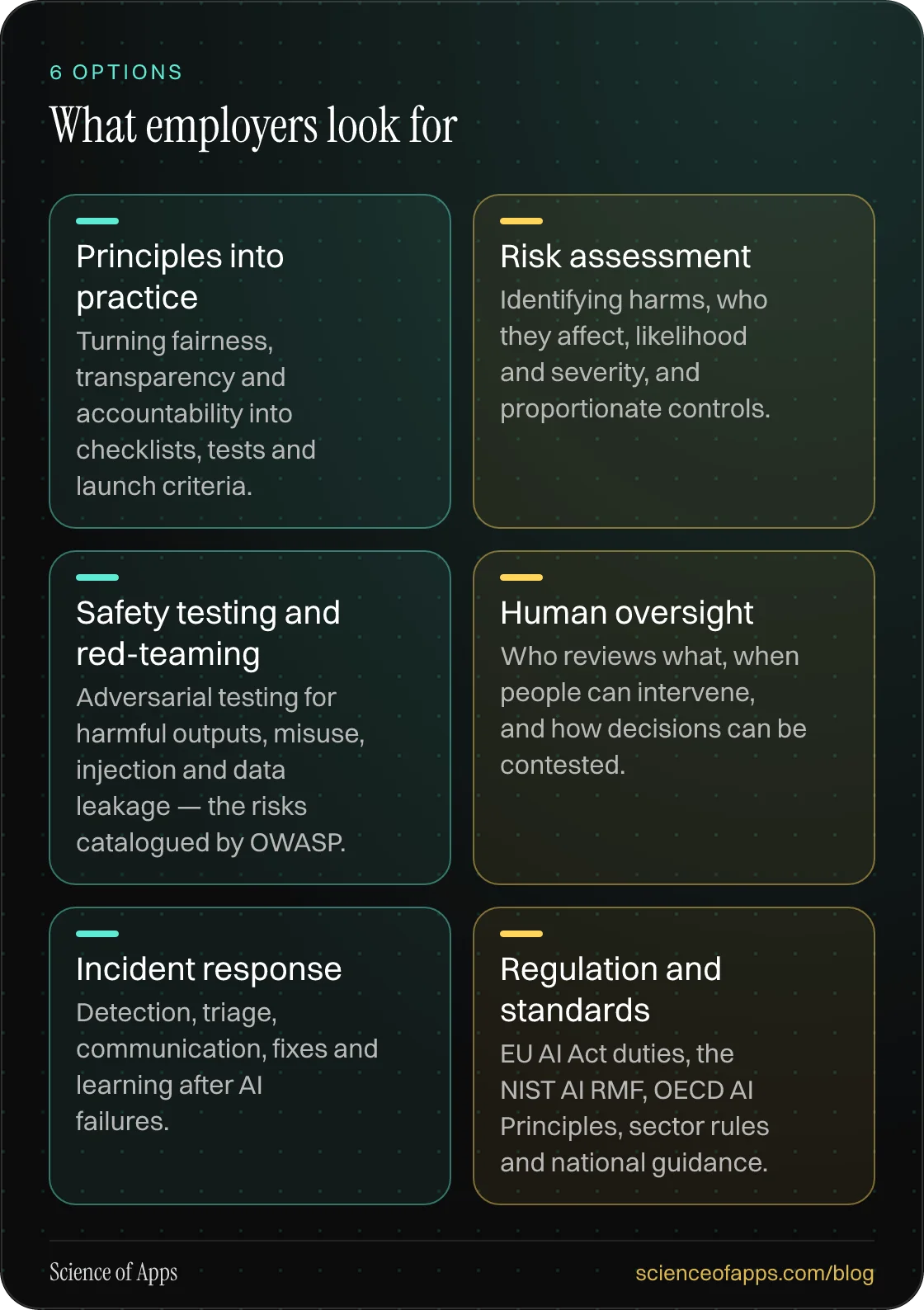 What employers look for: Principles into practice; Risk assessment; Safety testing and red-teaming; Human oversight; Incident response; Regulation and standards.