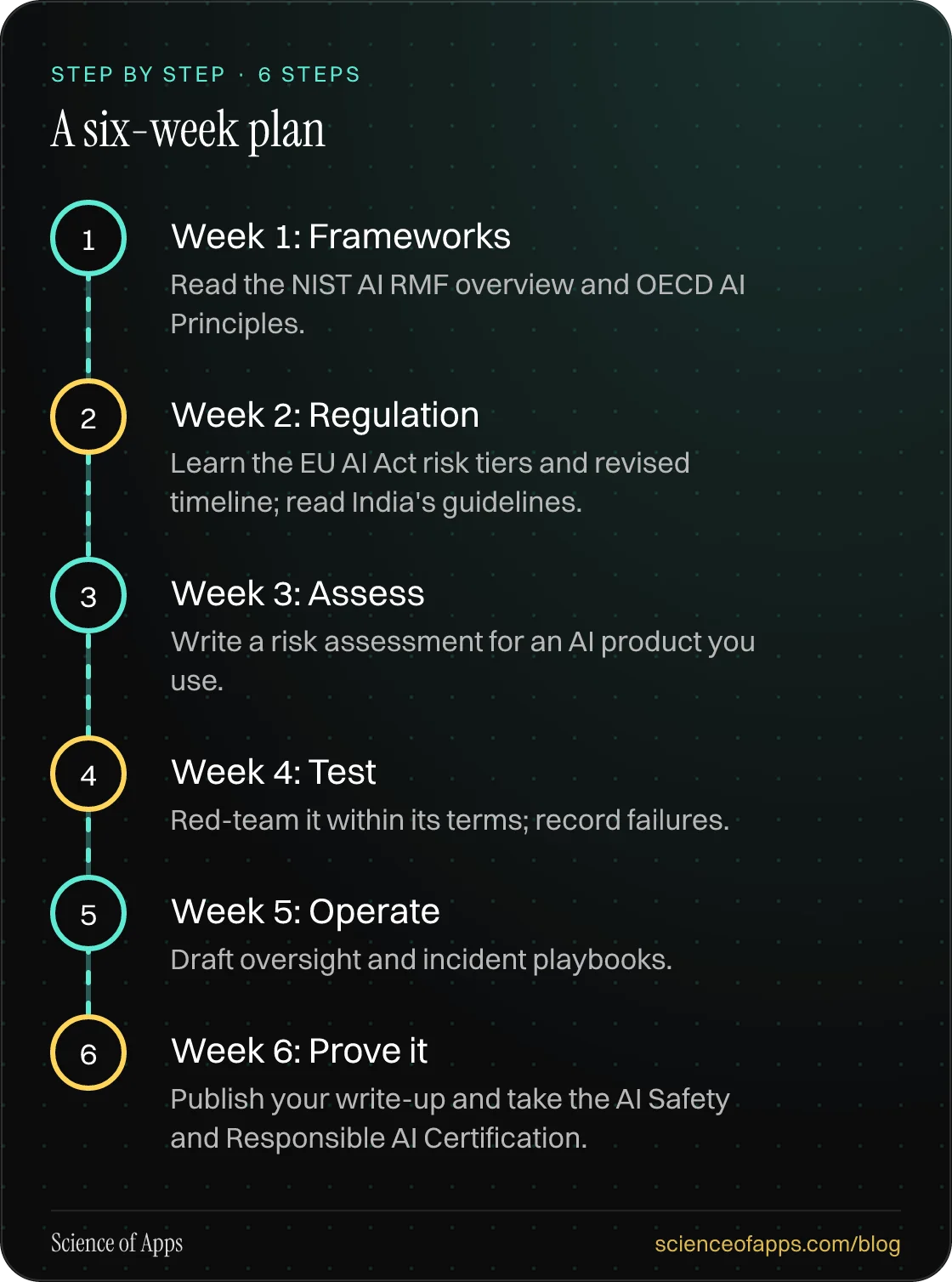 Diagram of 6 steps for a six-week plan: 1. Week 1: Frameworks; 2. Week 2: Regulation; 3. Week 3: Assess; 4. Week 4: Test; 5. Week 5: Operate; 6. Week 6: Prove it.
