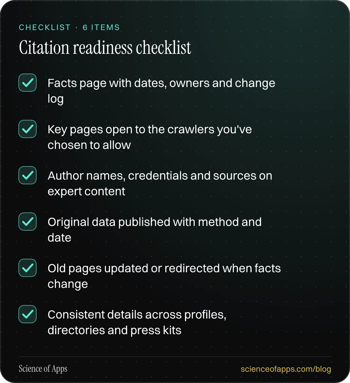 Checklist: Citation readiness checklist — Facts page with dates, owners and change log; Key pages open to the crawlers you've chosen to allow; Author names, credentials and sources on expert content; Original data published with method and date; Old pages updated or redirected when facts change; Con
