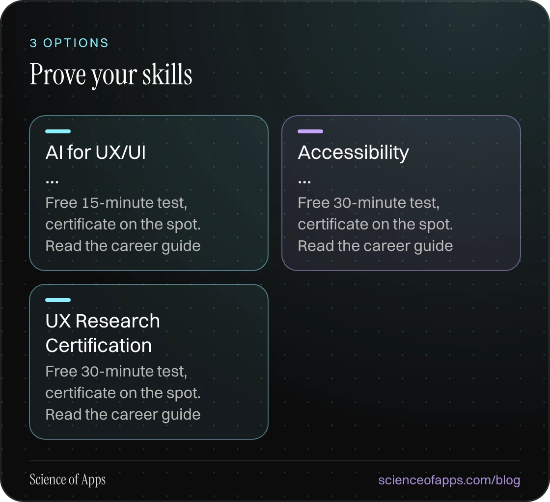 Prove your skills: AI for UX/UI …; Accessibility …; UX Research Certification.