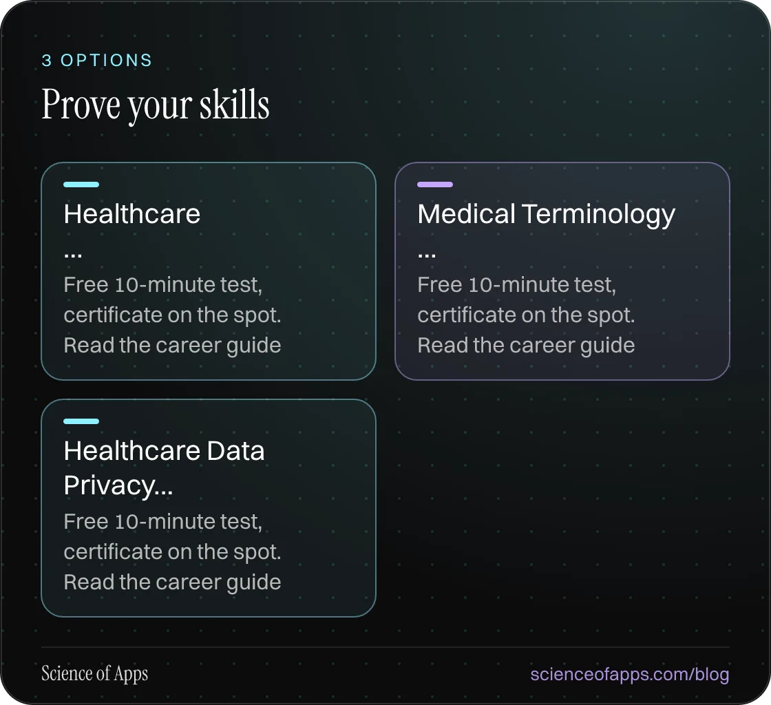 Prove your skills: Healthcare …; Medical Terminology …; Healthcare Data Privacy….