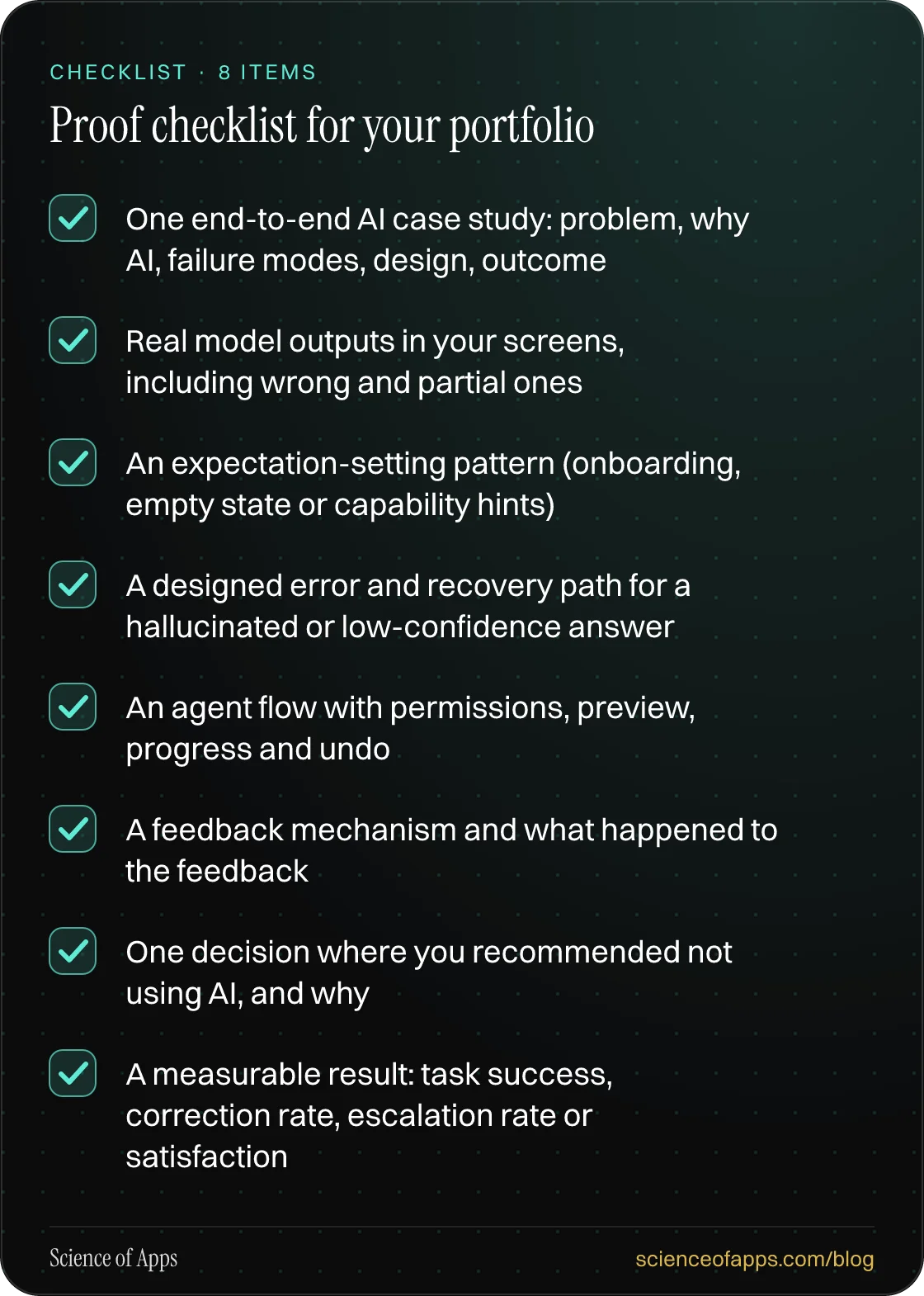 Checklist: Proof checklist for your portfolio — One end-to-end AI case study: problem, why AI, failure modes, design, outcome; Real model outputs in your screens, including wrong and partial ones; An expectation-setting pattern (onboarding, empty state or capability hints); A designed error and reco