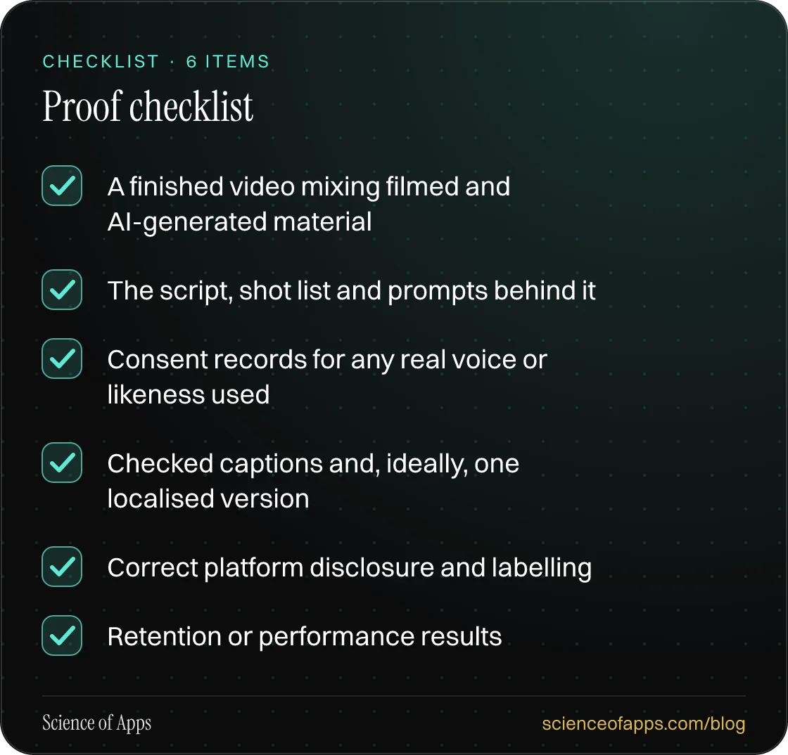Checklist: Proof checklist — A finished video mixing filmed and AI-generated material; The script, shot list and prompts behind it; Consent records for any real voice or likeness used; Checked captions and, ideally, one localised version; Correct platform disclosure and labelling; Retention or perfo
