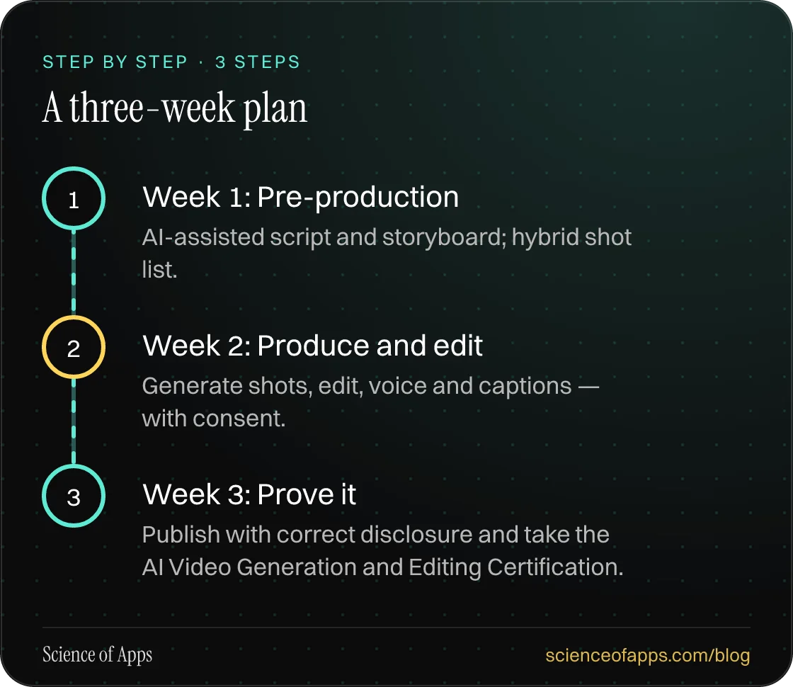 Diagram of 3 steps for a three-week plan: 1. Week 1: Pre-production; 2. Week 2: Produce and edit; 3. Week 3: Prove it.