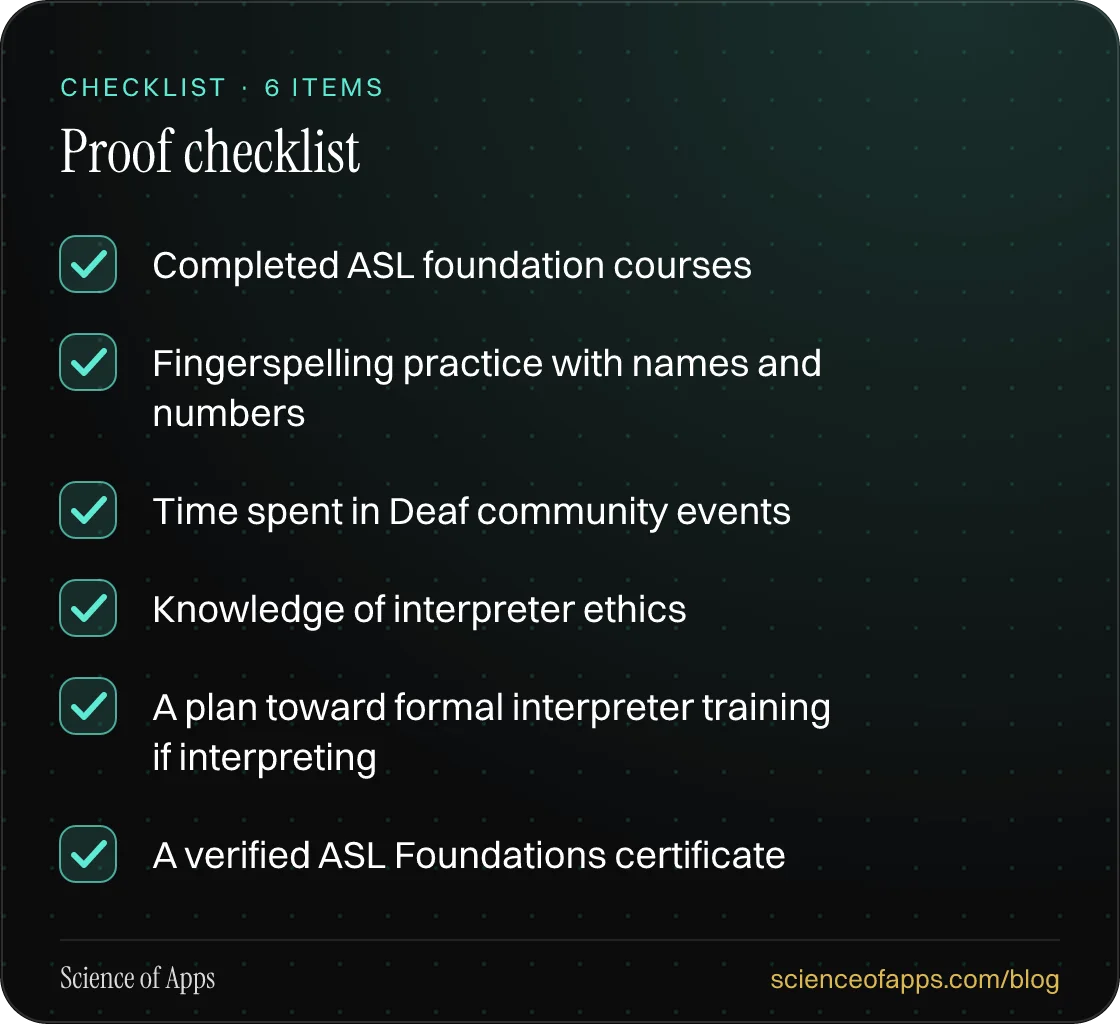 Checklist: Proof checklist — Completed ASL foundation courses; Fingerspelling practice with names and numbers; Time spent in Deaf community events; Knowledge of interpreter ethics; A plan toward formal interpreter training if interpreting; A verified ASL Foundations certificate.