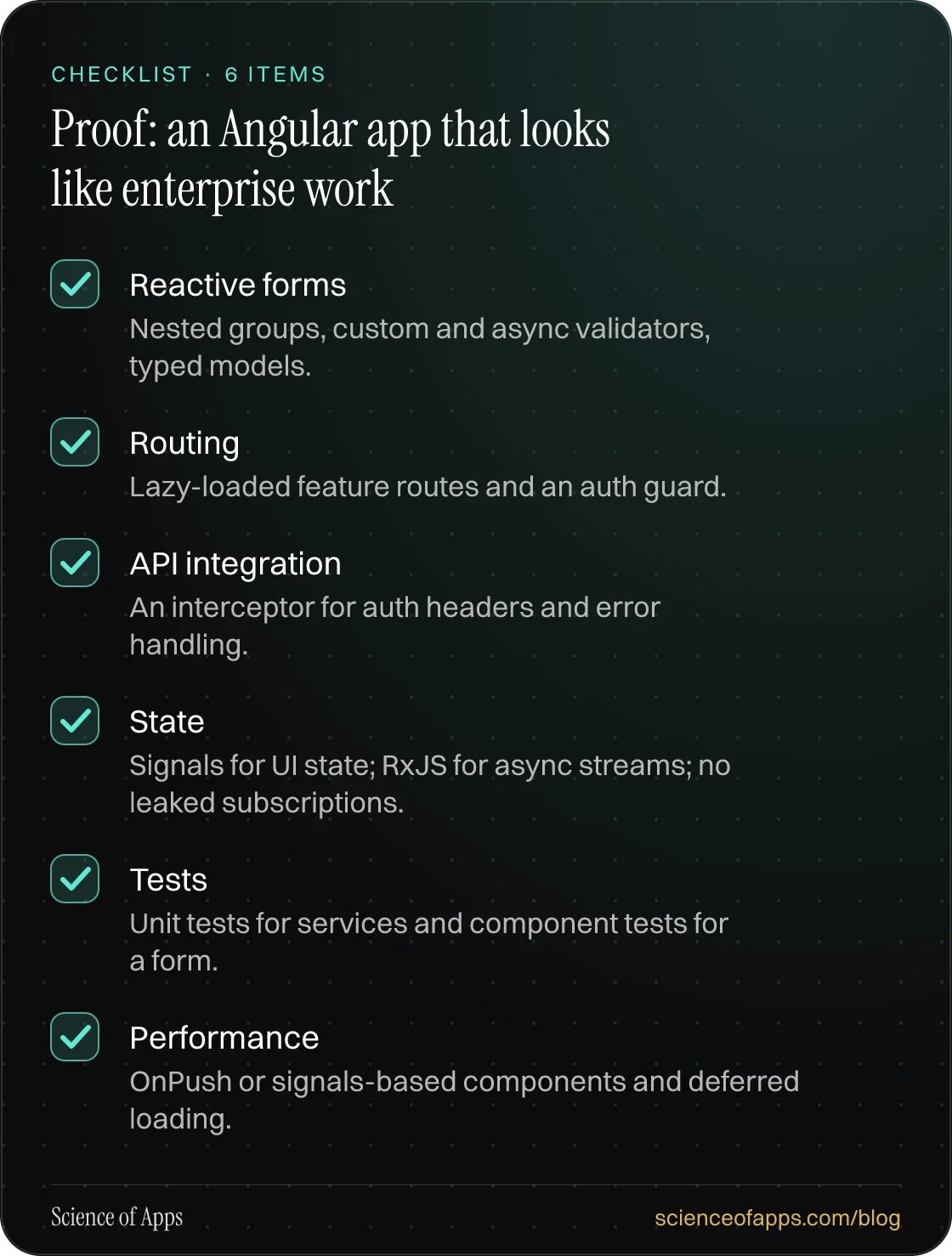 Checklist: Proof: an Angular app that looks like enterprise work — Reactive forms; Routing; API integration; State; Tests; Performance.