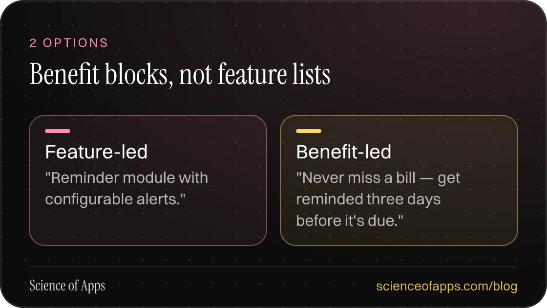 Benefit blocks, not feature lists: Feature-led; Benefit-led.