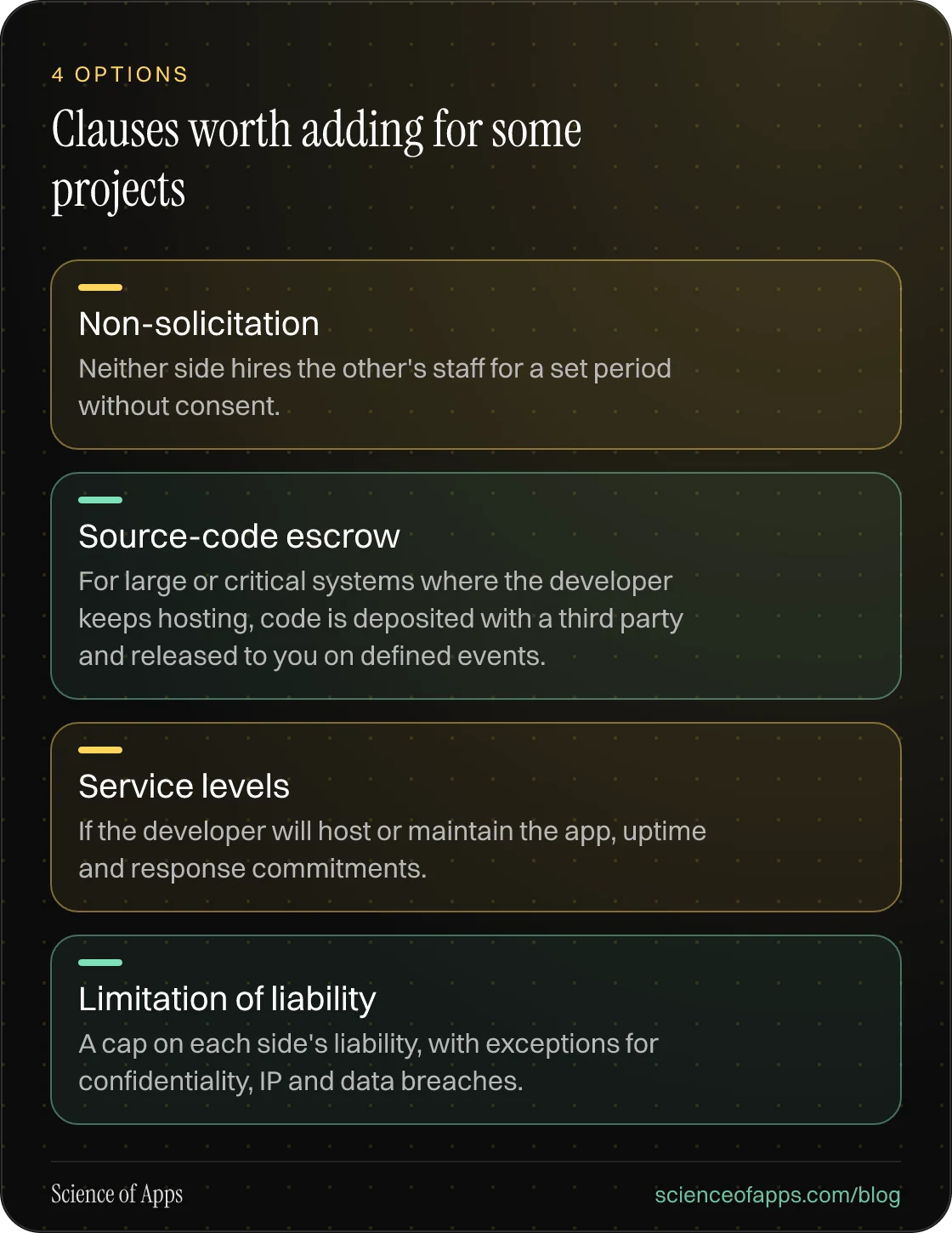 Clauses worth adding for some projects: Non-solicitation; Source-code escrow; Service levels; Limitation of liability.