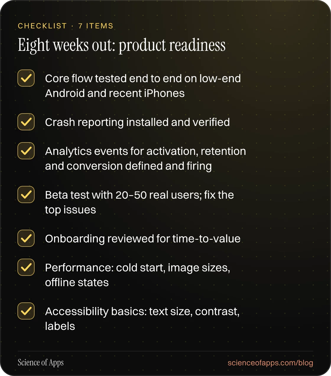 Checklist: Eight weeks out: product readiness — Core flow tested end to end on low-end Android and recent iPhones; Crash reporting installed and verified; Analytics events for activation, retention and conversion defined and firing; Beta test with 20–50 real users; fix the top issues; Onboarding rev