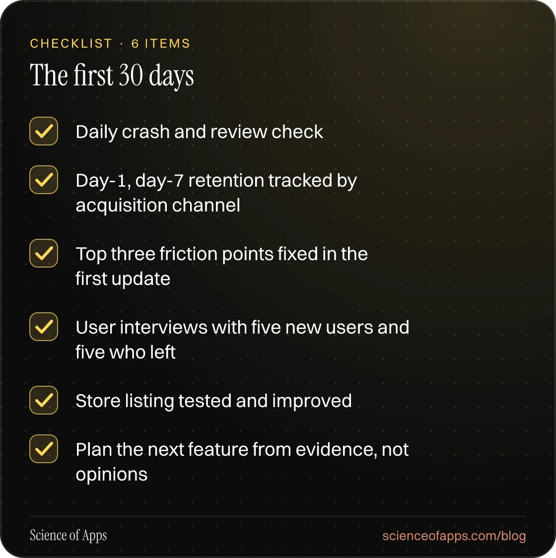 Checklist: The first 30 days — Daily crash and review check; Day-1, day-7 retention tracked by acquisition channel; Top three friction points fixed in the first update; User interviews with five new users and five who left; Store listing tested and improved; Plan the next feature from evidence, not