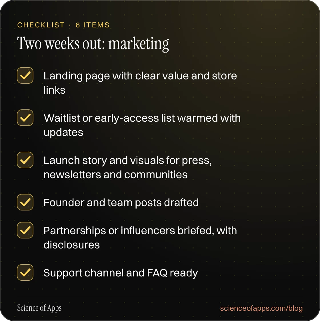 Checklist: Two weeks out: marketing — Landing page with clear value and store links; Waitlist or early-access list warmed with updates; Launch story and visuals for press, newsletters and communities; Founder and team posts drafted; Partnerships or influencers briefed, with disclosures; Support chan