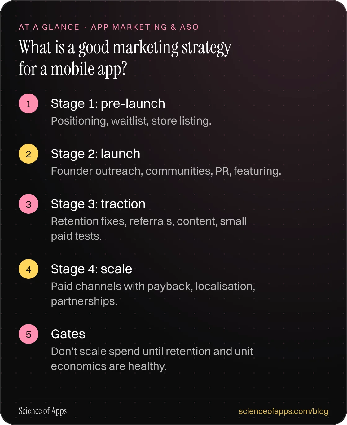What is a good marketing strategy for a mobile app? At a glance: Stage 1: pre-launch; Stage 2: launch; Stage 3: traction; Stage 4: scale; Gates.
