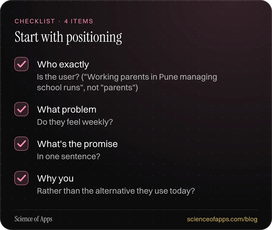 Checklist: Start with positioning — Who exactly; What problem; What's the promise; Why you.