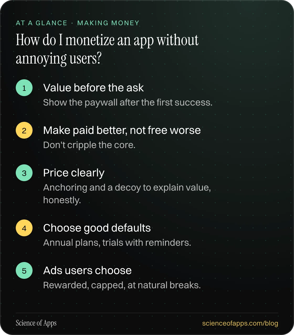 How do I monetize an app without annoying users? At a glance: Value before the ask; Make paid better, not free worse; Price clearly; Choose good defaults; Ads users choose.