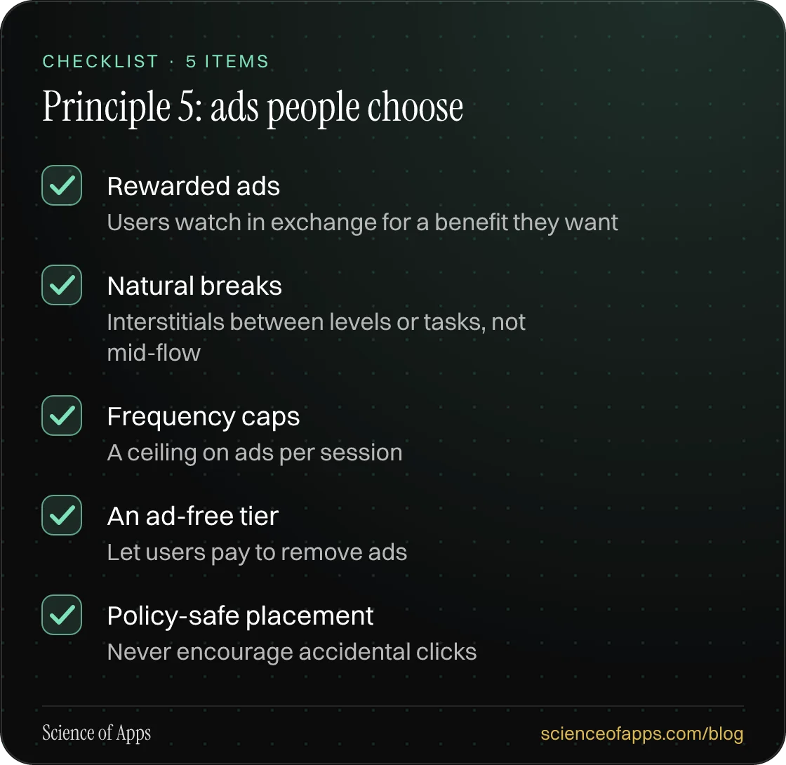 Checklist: Principle 5: ads people choose — Rewarded ads; Natural breaks; Frequency caps; An ad-free tier; Policy-safe placement.