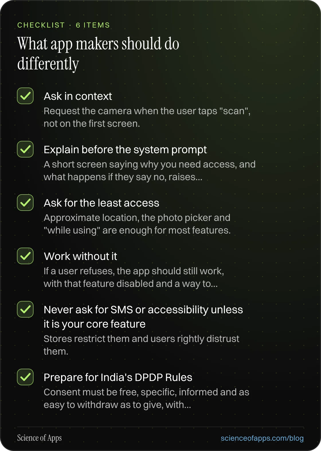 Checklist: What app makers should do differently — Ask in context; Explain before the system prompt; Ask for the least access; Work without it; Never ask for SMS or accessibility unless it is your core feature; Prepare for India's DPDP Rules.