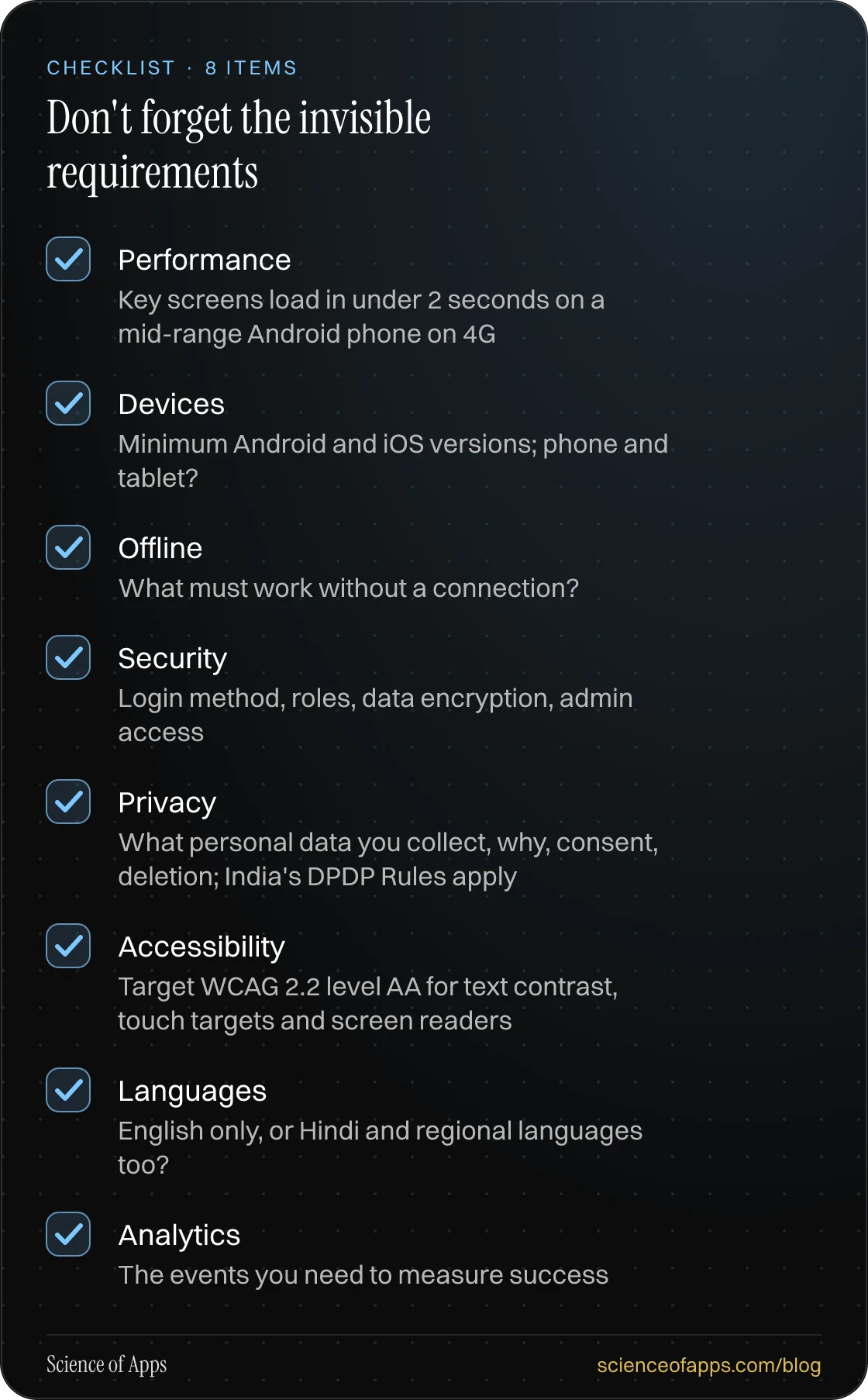Checklist: Don't forget the invisible requirements — Performance; Devices; Offline; Security; Privacy; Accessibility; Languages; Analytics.