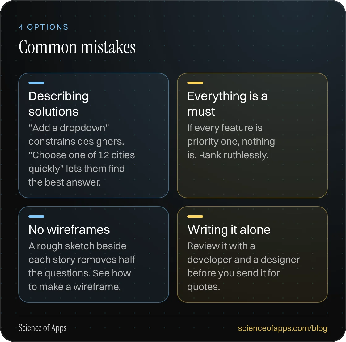 Common mistakes: Describing solutions; Everything is a must; No wireframes; Writing it alone.
