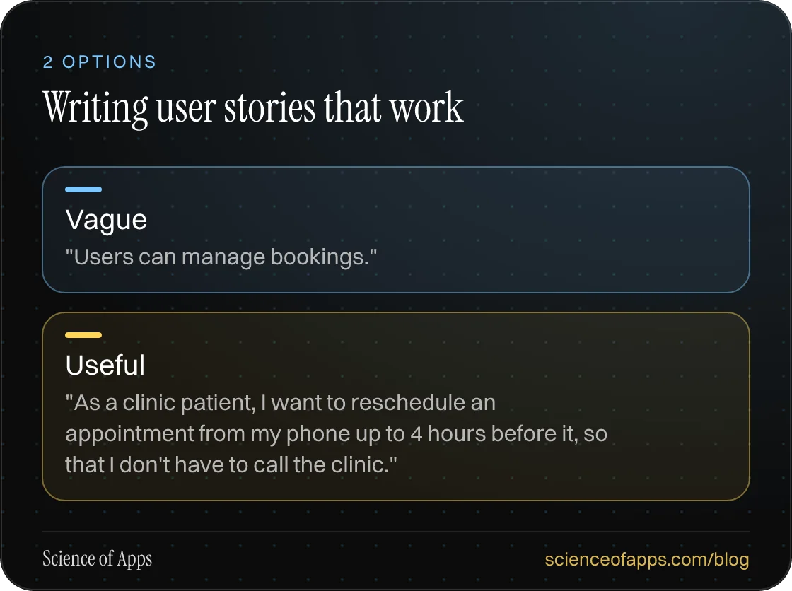 Writing user stories that work: Vague; Useful.