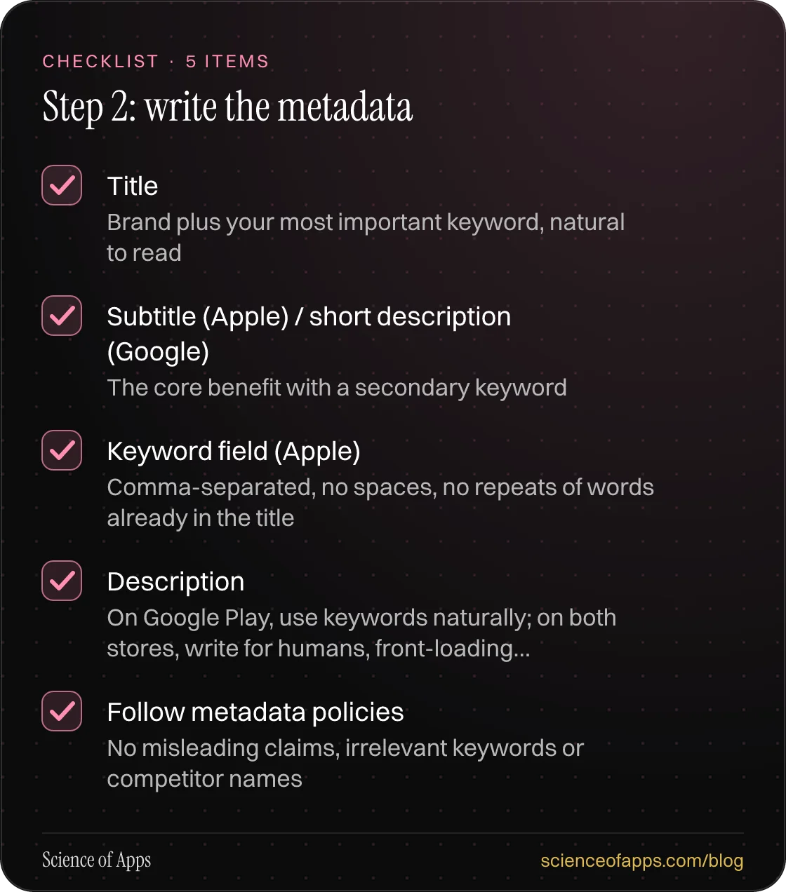 Checklist: Step 2: write the metadata — Title; Subtitle (Apple) / short description (Google); Keyword field (Apple); Description; Follow metadata policies.