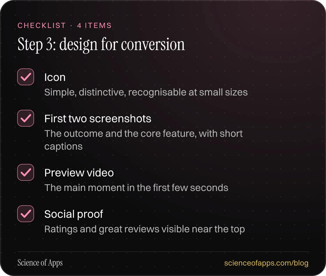Checklist: Step 3: design for conversion — Icon; First two screenshots; Preview video; Social proof.