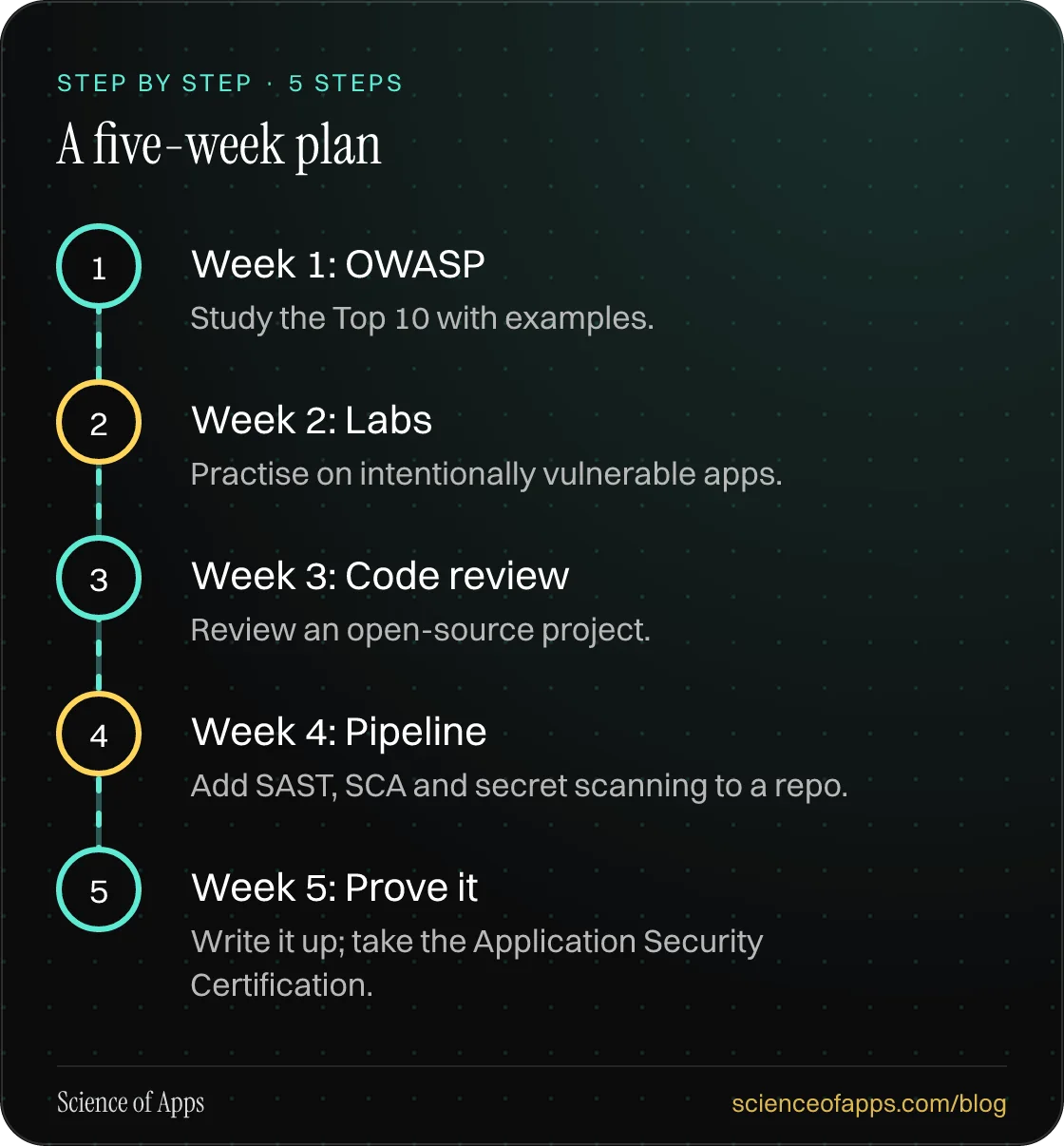 Diagram of 5 steps for a five-week plan: 1. Week 1: OWASP; 2. Week 2: Labs; 3. Week 3: Code review; 4. Week 4: Pipeline; 5. Week 5: Prove it.