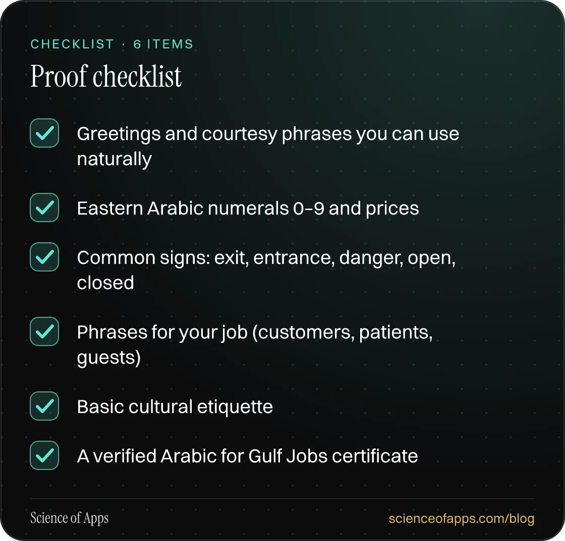 Checklist: Proof checklist — Greetings and courtesy phrases you can use naturally; Eastern Arabic numerals 0–9 and prices; Common signs: exit, entrance, danger, open, closed; Phrases for your job (customers, patients, guests); Basic cultural etiquette; A verified Arabic for Gulf Jobs certificate.