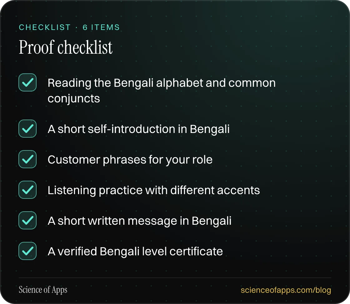 Checklist: Proof checklist — Reading the Bengali alphabet and common conjuncts; A short self-introduction in Bengali; Customer phrases for your role; Listening practice with different accents; A short written message in Bengali; A verified Bengali level certificate.