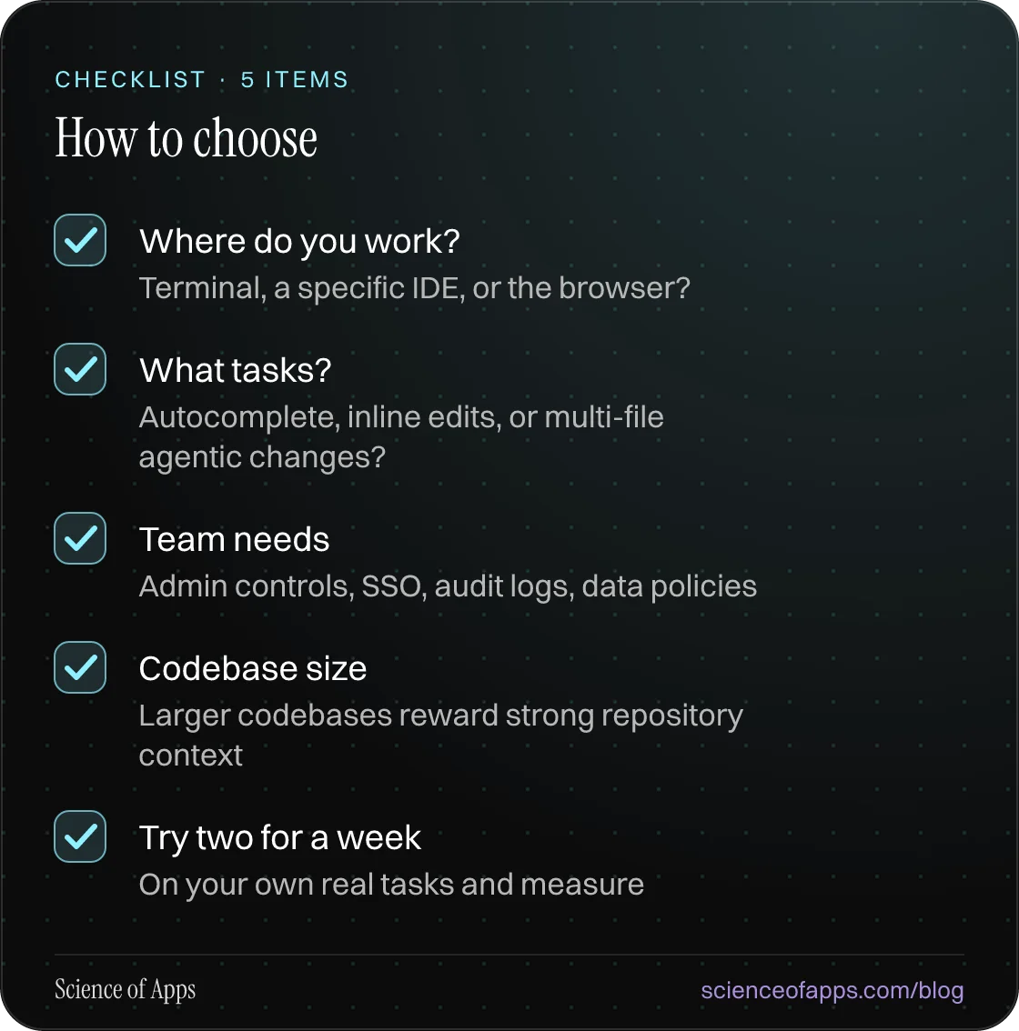 Checklist: How to choose — Where do you work?; What tasks?; Team needs; Codebase size; Try two for a week.