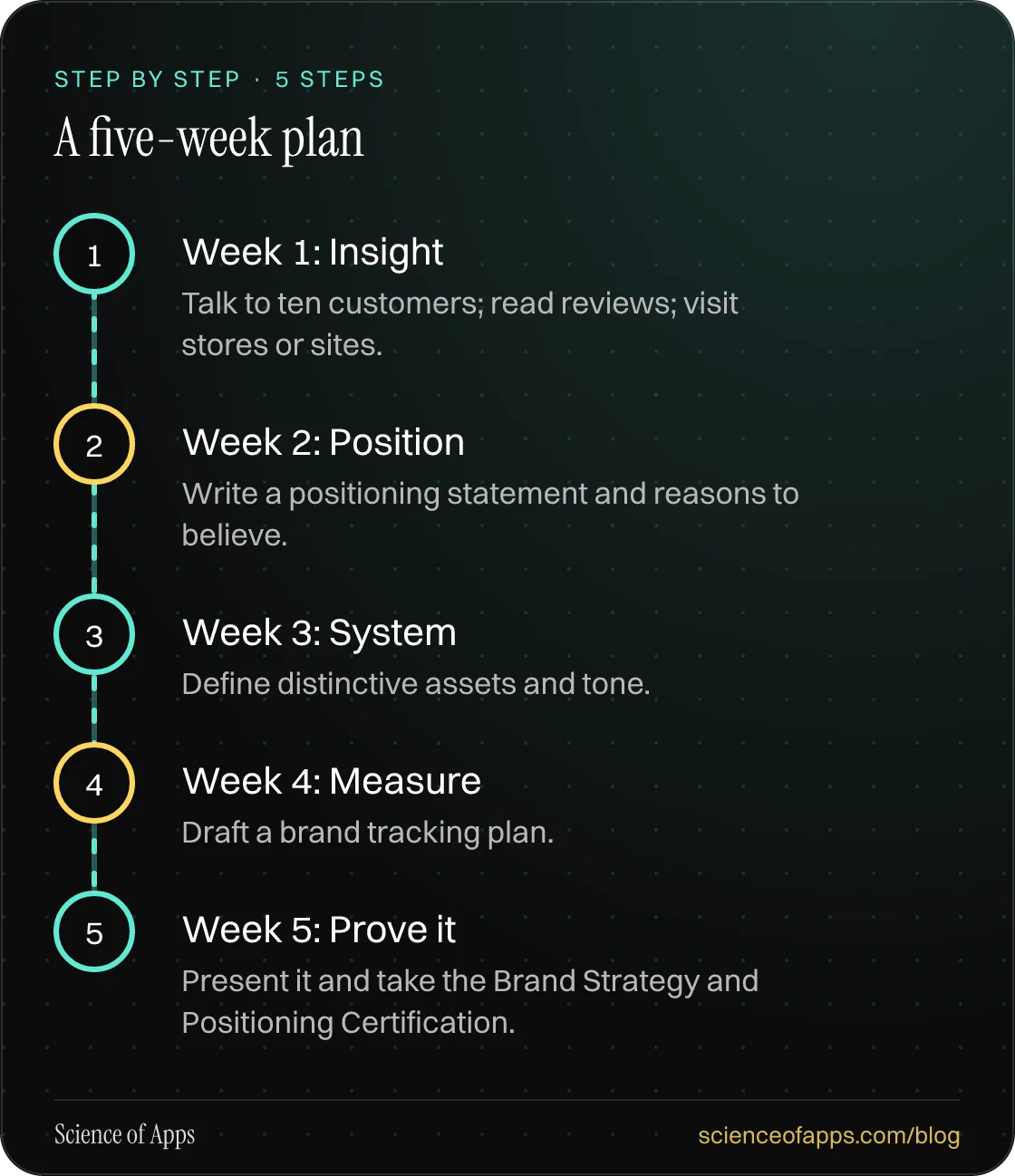 Diagram of 5 steps for a five-week plan: 1. Week 1: Insight; 2. Week 2: Position; 3. Week 3: System; 4. Week 4: Measure; 5. Week 5: Prove it.