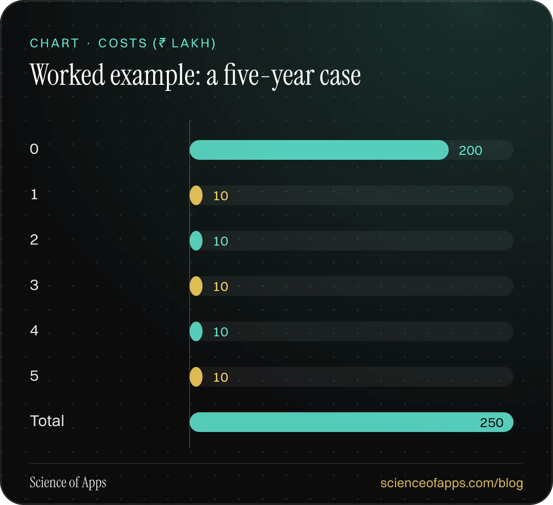 Bar chart: Worked example: a five-year case — 0: 200; 1: 10; 2: 10; 3: 10; 4: 10; 5: 10; Total: 250.